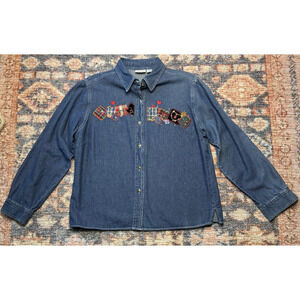 Cabin Creek Women Denim Floral Embroidered Long Sleeve Shirt Size PL